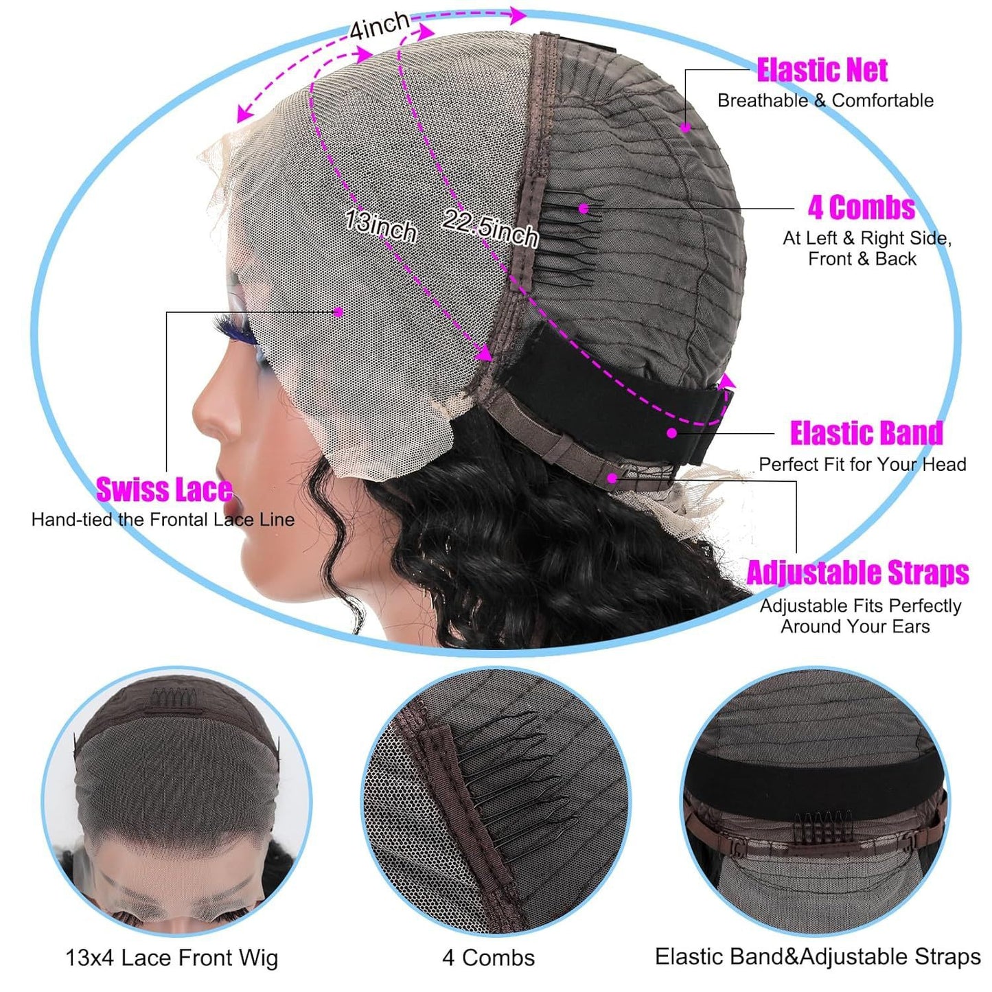 Peluca de cabello humano con encaje frontal y ondas profundas