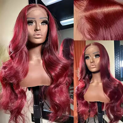 Peluca de Cabello Humano Body Wave – Lace Front HD 13x4 (Color Borgoña)