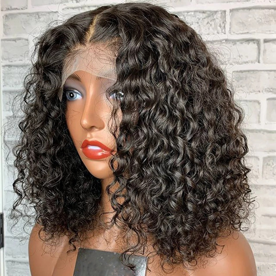 Peluca lace front negra esponjosa de longitud media con rizos pequeños y volumen natural