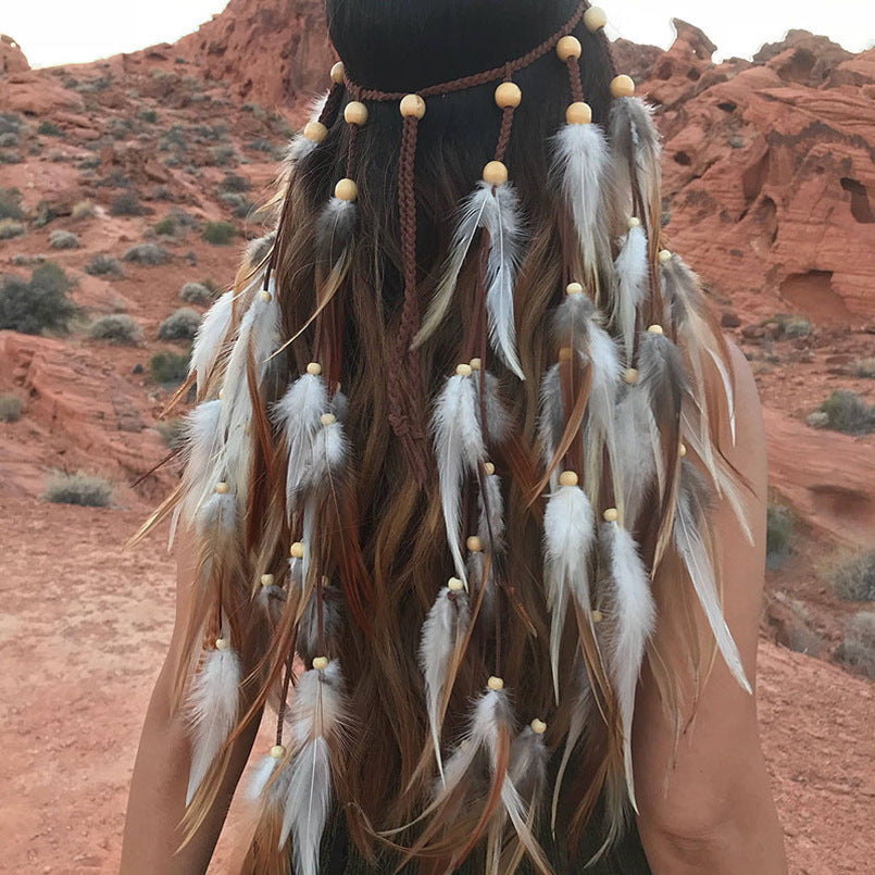 Diadema larga de plumas estilo bohemio, accesorio para el cabello con plumas