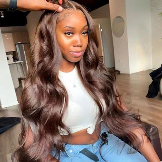 Peluca de cabello humano con cierre lace 4x4, color marrón, ondulada tipo body wave