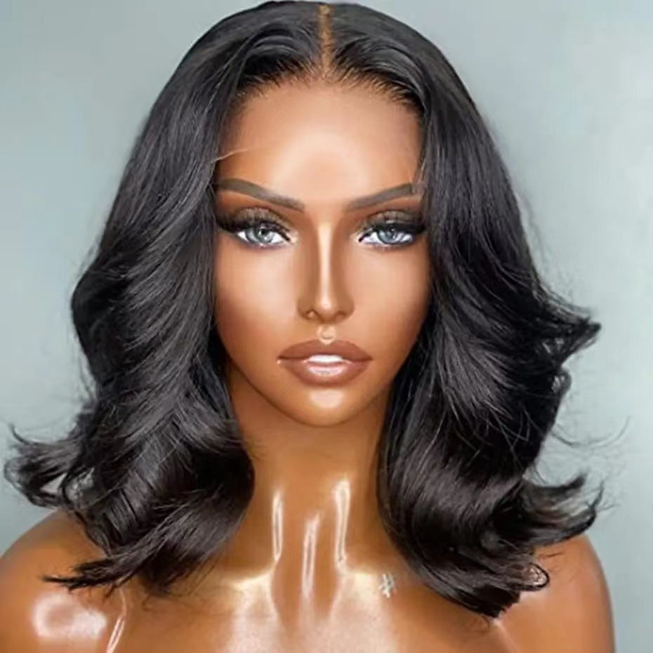 Peluca frontal con diadema y lace, cabello corto y ondulado de fibra  de alta temperatura